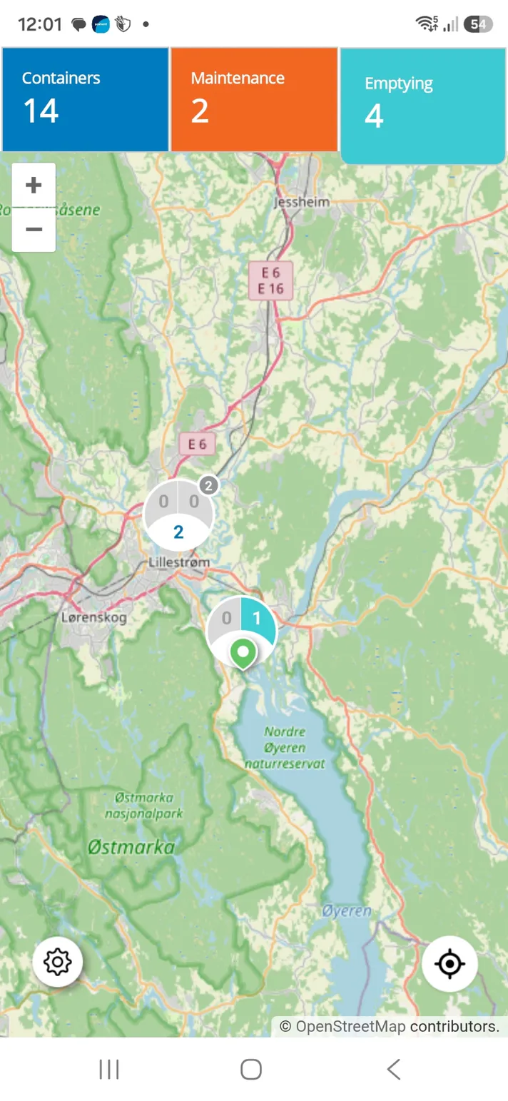 Kartvisning i NorBins med oversikt over containere, vedlikehold og tømming