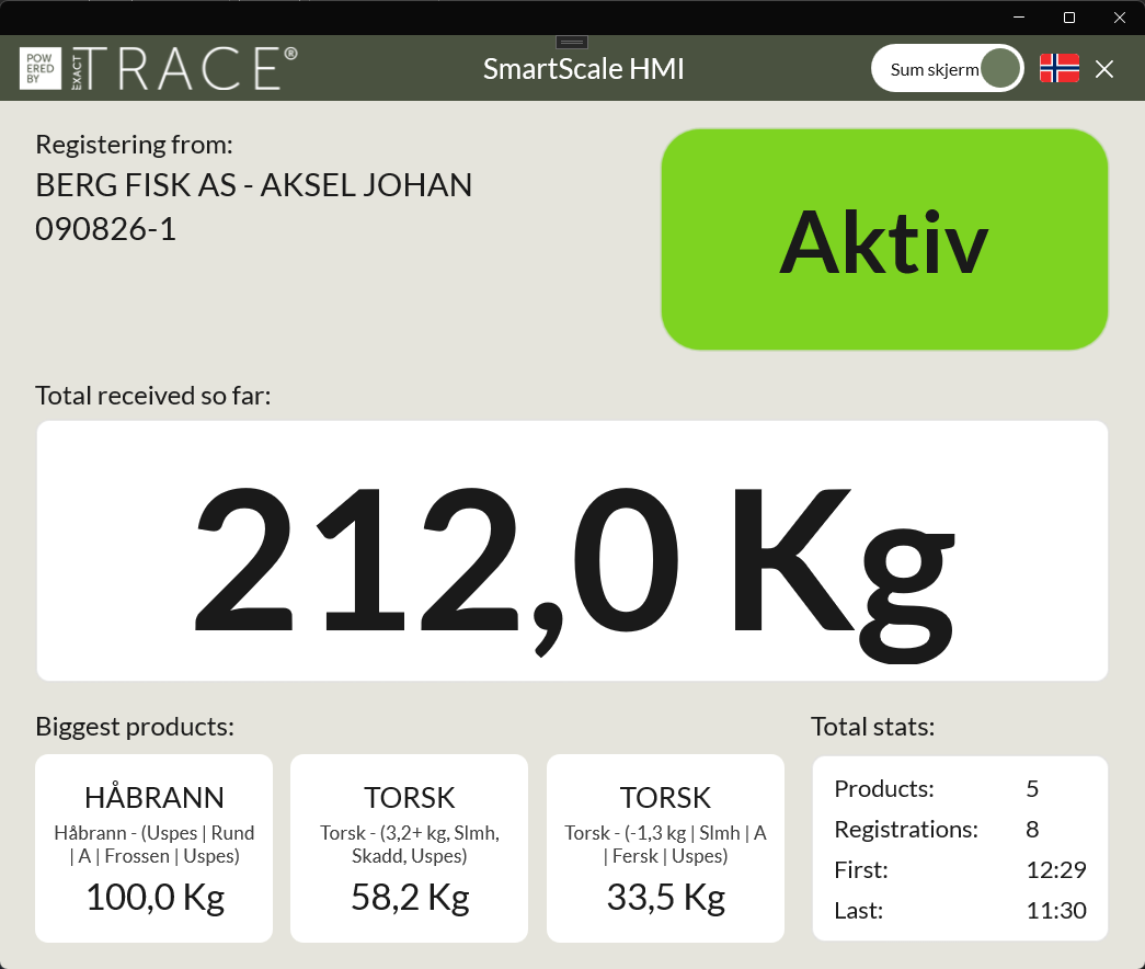Totalskjermen i Smart Scale HMI med mottatt vekt, største produkter og nøkkeltall