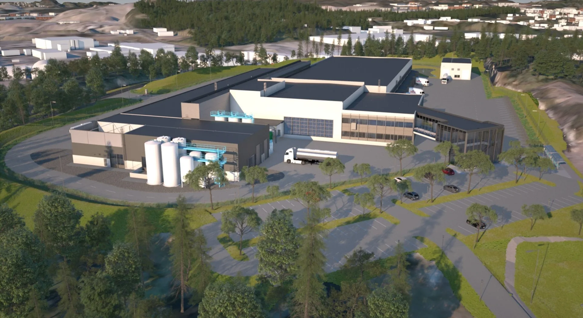 Illustration of the dairy facility with production buildings, tanks and outdoor areas